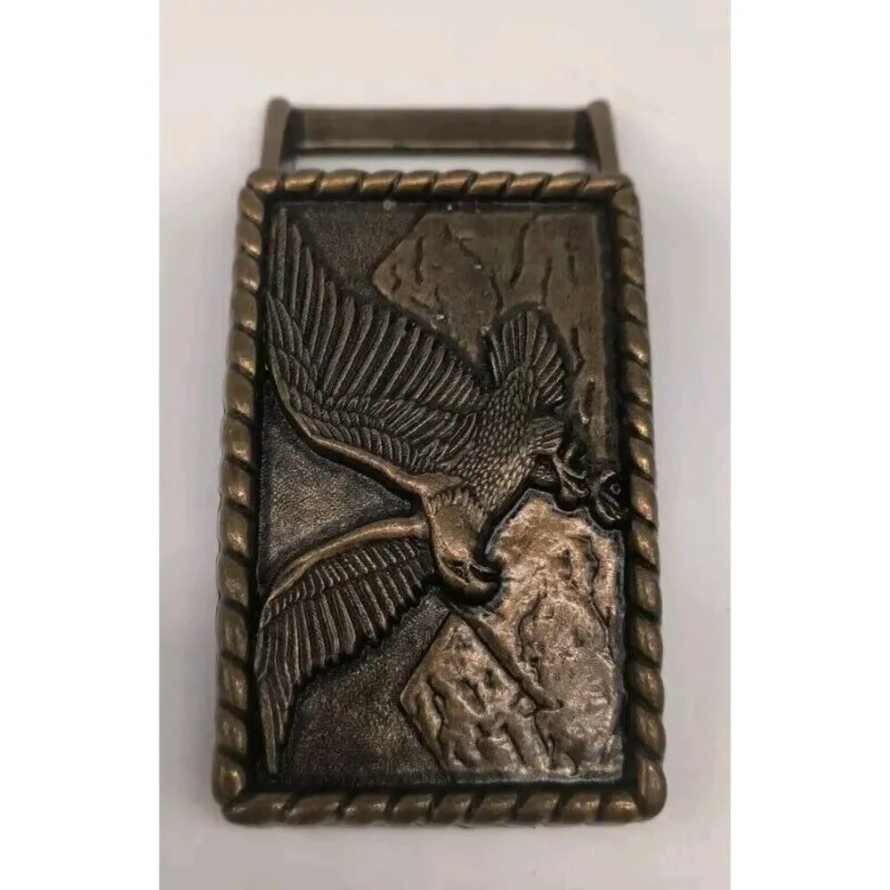 Vintage Bald Eagle Belt Buckle Flying Bird Mountain Background Brass Metal